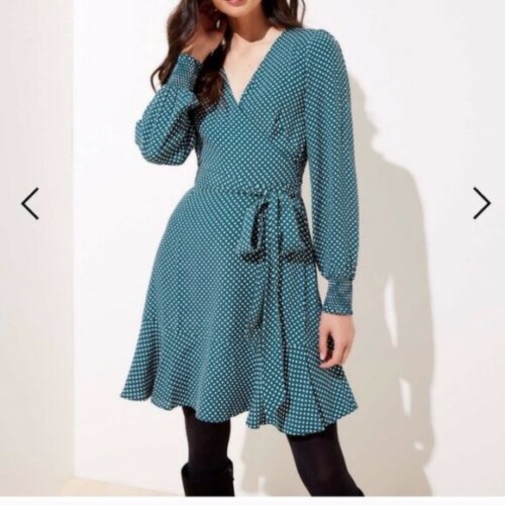 Loft Green Polka Dot Wrap Dress | 8 Petite